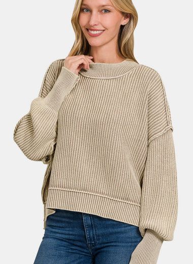 Zenana Exposed Seam Round Neck Dropped Shoulder Sweater