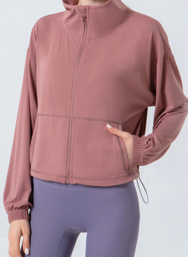 Drawstring Zip Up Dropped Shoulder Active Outerwear