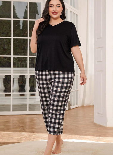 V-Neck Tee and Plaid Cropped Pants Lounge Set