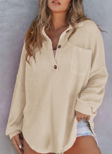 Waffle-Knit Dropped Shoulder Long Sleeve Sweatshirt