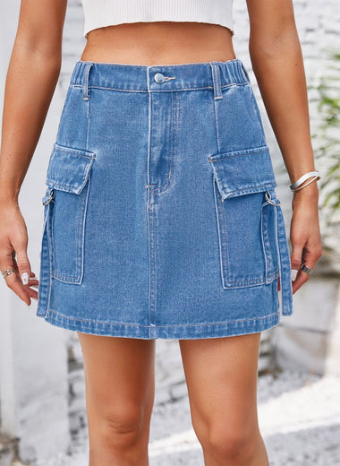 Pocketed Buttoned Denim Skirt