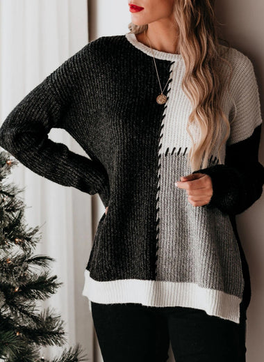 Color Block Round Neck Long Sleeve Sweater