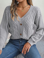 Cable-Knit V-Neck Lantern Sleeve Sweater