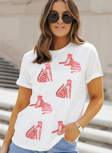 Sequin Leopard Round Neck Short Sleeve T-Shirt