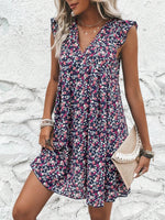 Printed V-Neck Cap Sleeve Mini Dress