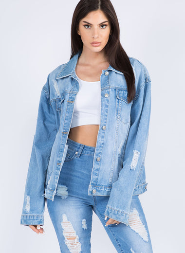 American Bazi Full Size Painted Back Distressed Denim Jacket