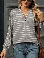 Striped Notched Long Sleeve T-Shirt