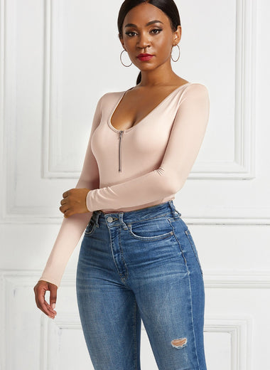 Half Zip Scoop Neck Long Sleeve Bodysuit