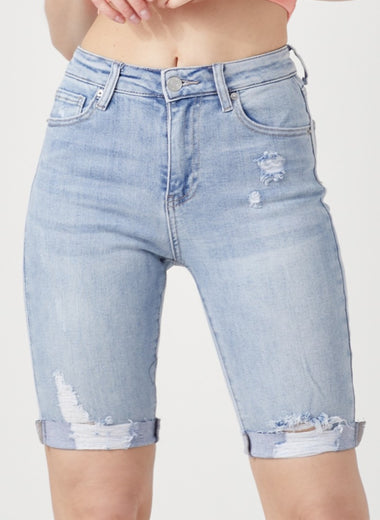 RISEN High Rise Distressed Denim Bermuda Shorts