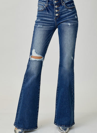 RISEN Distressed Button-Fly Flare Jeans