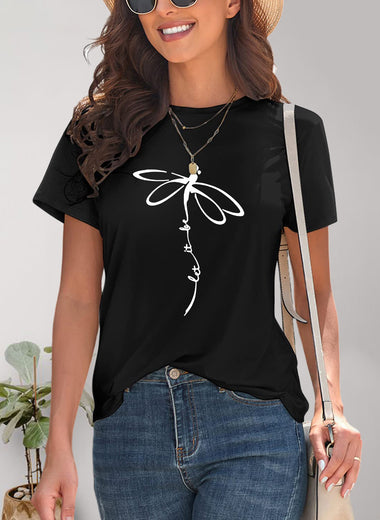 Dragonfly Graphic Round Neck Short Sleeve T-Shirt