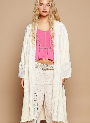 POL Flower Lace Trim Open Front Longline Cardigan