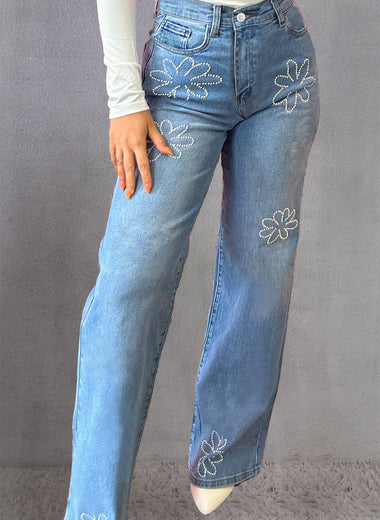 Rhinestone Straight Jeans with Pockets