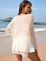 Openwork Slit Boat Neck Long Sleeve Cover-Up