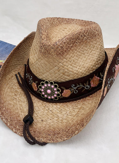 Embroidered Tied Raffia Hat