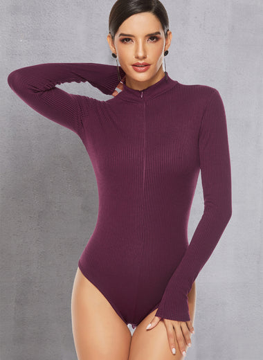 Full Size Ribbed Half Zip Long Sleeve Bodysuit