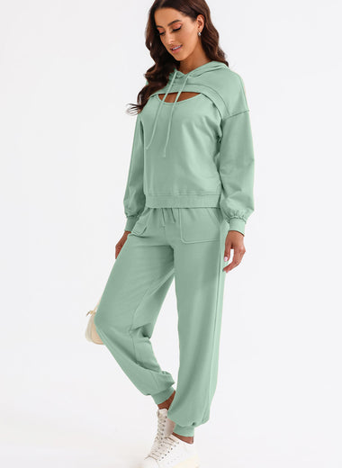 Cutout Drawstring Hoodie and Joggers Active Set