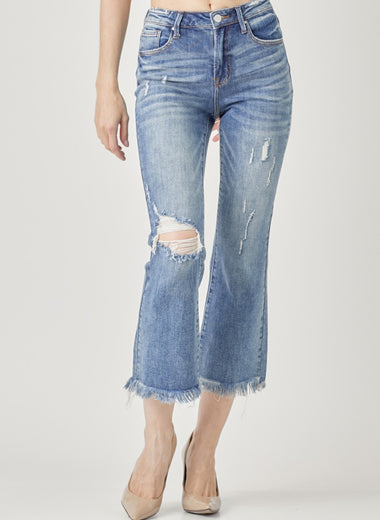 RISEN High Waist Distressed Cropped Bootcut Jeans