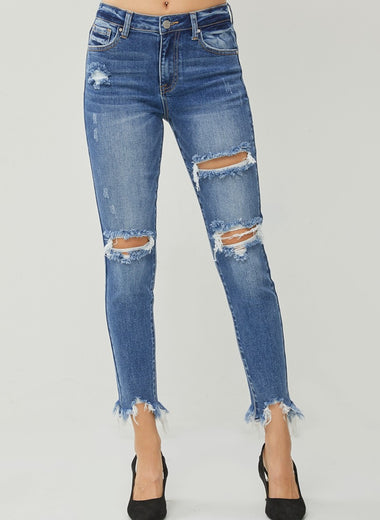 RISEN Distressed Frayed Hem Slim Jeans