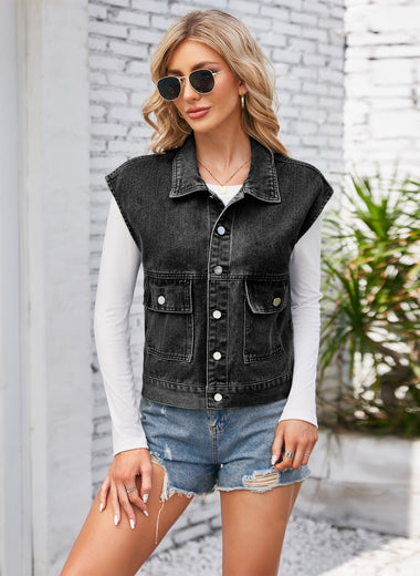 Cap Sleeve Denim Jacket with Pockets