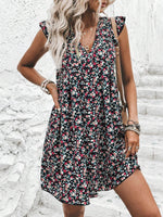 Printed V-Neck Cap Sleeve Mini Dress