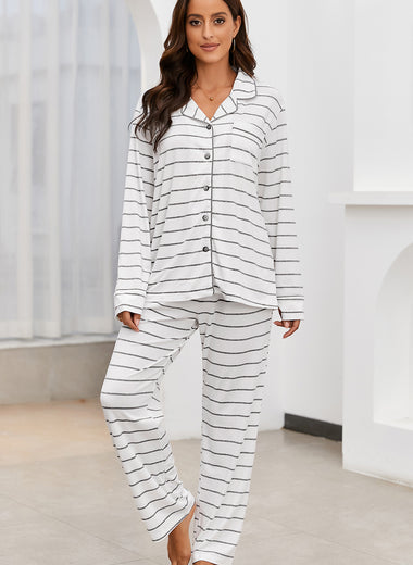 Striped V-Neck Long Sleeve Top and Pants Lounge Set