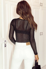 Rhinestone Embellished Mesh Long Sleeve Bodysuit