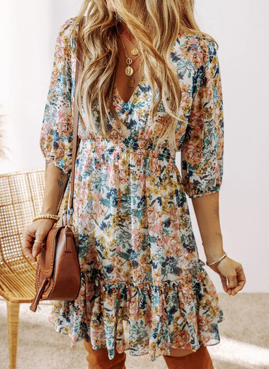 Printed V-Neck Half Sleeve Dress