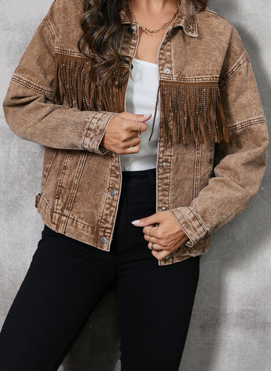 Fringe Trim Snap Down Denim Jacket