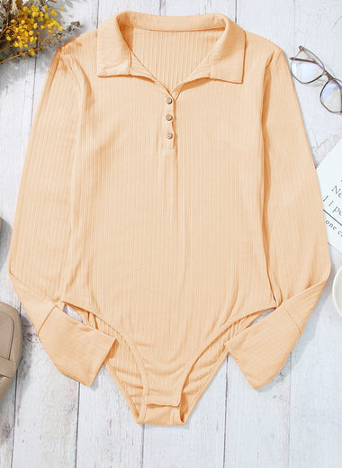 Half Button Collared Neck Long Sleeve Bodysuit