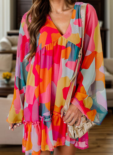 Color Block V-Neck Long Sleeve Dress