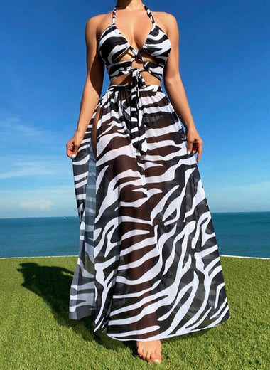 Printed Halter Neck Three-Piece Swim Set