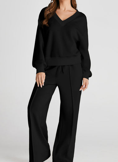 V-Neck Long Sleeve Top and Pants Active Set