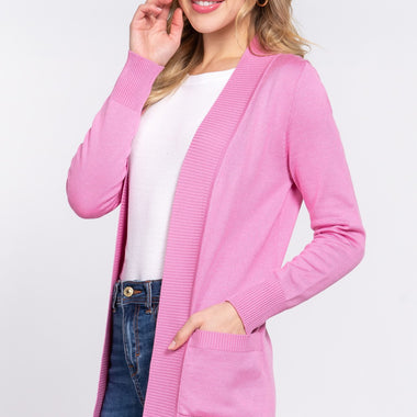 ACTIVE BASIC Ribbed Trim Open Front Cardigan