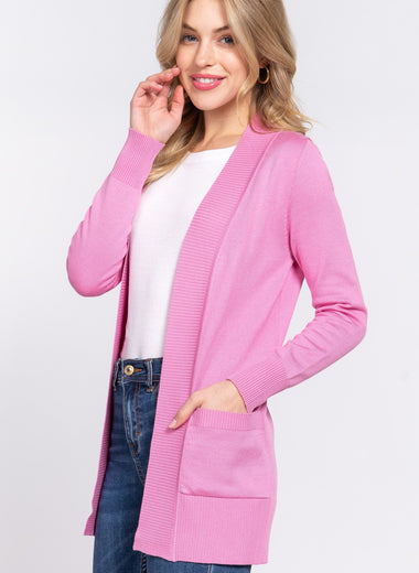 ACTIVE BASIC Ribbed Trim Open Front Cardigan