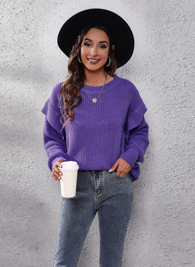 Ruffled Round Neck Dropped Shoulder Sweater