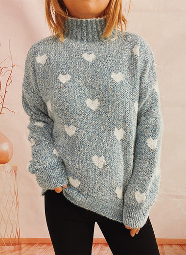 Heart Heathered Turtleneck Drop Shoulder Sweater