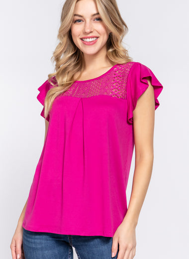 ACTIVE BASIC Ruffle Short Sleeve Lace Detail Knit Top