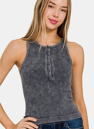 Zenana Washed Ribbed Half Snap Seamless Tank