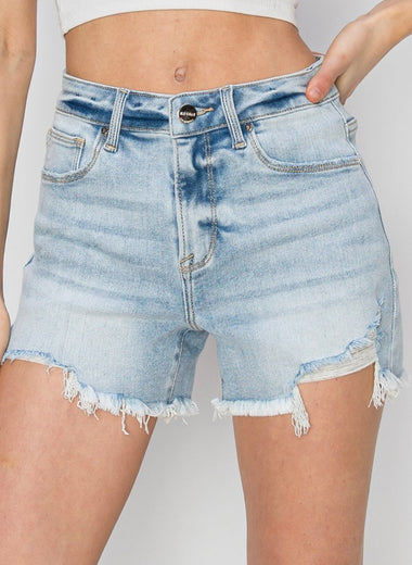 RISEN Full Size High Waist Frayed Detail Denim Shorts