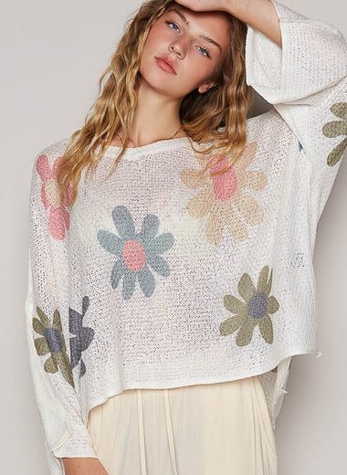 POL Flower Dropped Shoulder Long Sleeve Knit Top