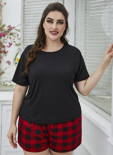 Plus Size Round Neck Tee Shirt and Plaid Shorts Lounge Set