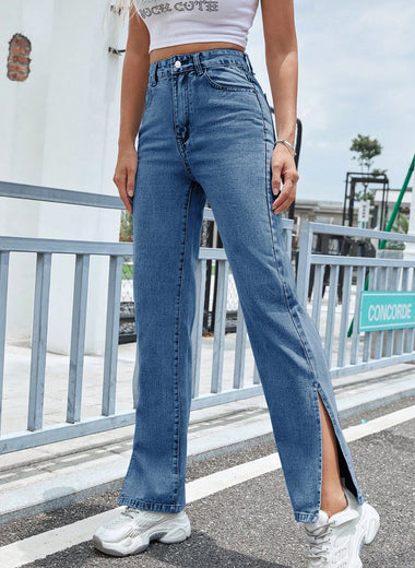 Slit High Waist Jeans with Pockets