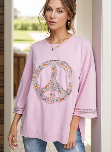 Full Size Peace Sign Applique Round Neck T-Shirt