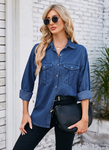 Button Up Collared Neck Denim Jacket