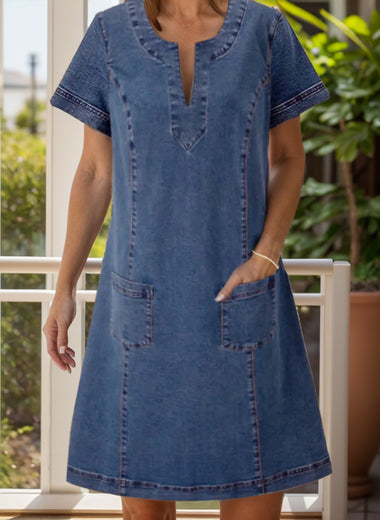 Full Size Notched Short Sleeve Denim Dress