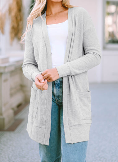 Pocketed Open Front Long Sleeve Cardigan