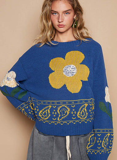 POL Flower Lace Patch Long Sleeve Sweater