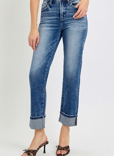 RISEN Full Size High Rise Crop Straight Roll Up Jeans