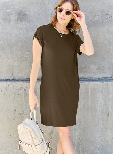 Basic Bae Full Size Round Neck Short Sleeve Dress with Pockets